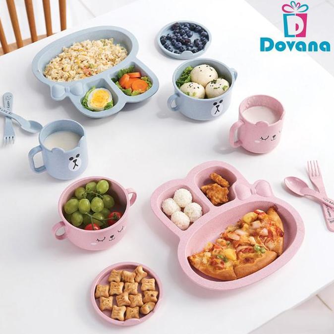 Grosir Dovana Set Peralatan Makan Anak Piring Mangkok Sendok Rabbit Tableware Children Feeding Set W