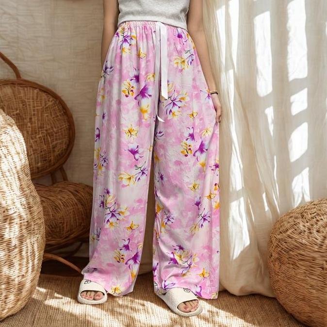 Yurima- Kulot Panjang 100Cm Katun Rayon Celana Panjang Motif Bunga Celana Santai Wanita Nyaman