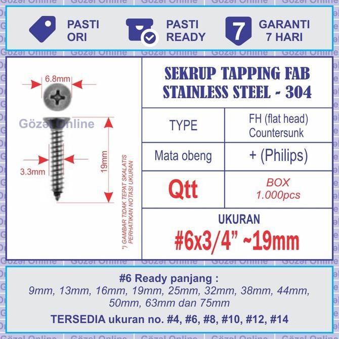 TERBARU - Sekrup stainless FAB no. 6 x19mm - ST 3.5 x 3/4" - BOX isi 1000pcs