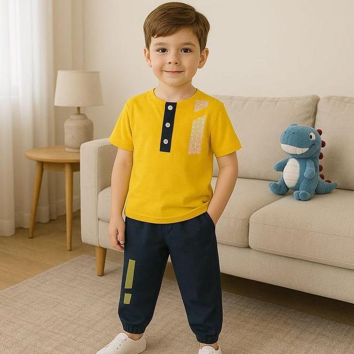 Colkid- Set Koko Anak Asyraf Celana Joger Motif Batik Baju Kancing Kaos Muslim Pendek Setelan