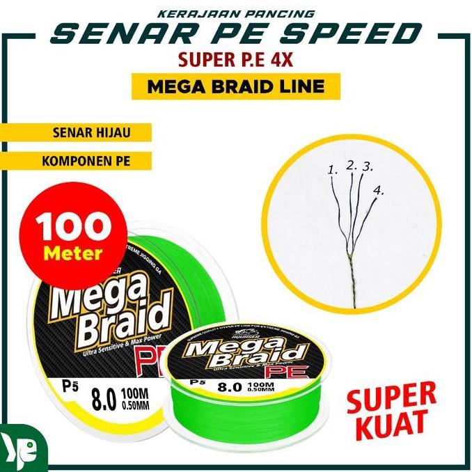Codbisa- Kp - Senar Pancing Pe Mega Braid X4 Panjang 100M Warna Hijau Ikan Joran Umpan Laut