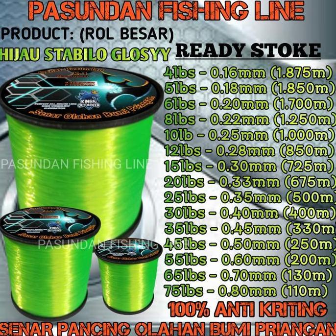 Pasundan Fishing Line Warna Hijau Stabilo Glossy Benang Senar Pancing Anti Kriting Lentur Galatama P