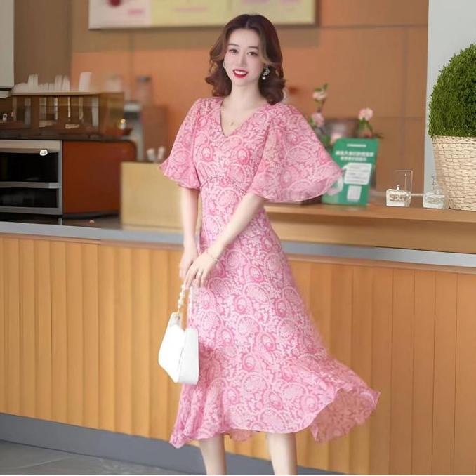 Promo Dress Midi Motif Pantai Sifon  pink Gaun bunga Casual Wanita  Retro Diskon