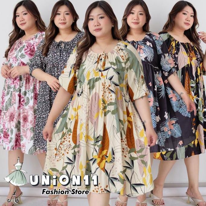 Promo Union11 - Dress Jumbo Wanita 120 CM Muat Sampai Bb 90 Kg / Gaun Midi Katun Rayon Motif Bunga B