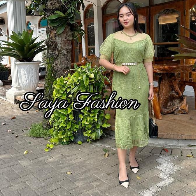 Promo Dress Brukat Duyung Polos Sage Free Belt Mutiara Dress Pesta Mewah Diskon
