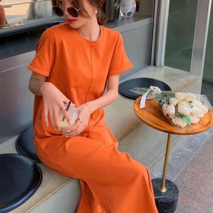 Promo D32-26 Midi Dres Polos Lengan Pendek Backless Wanita Belahan Samping Kanan Kiri Casual Dress D