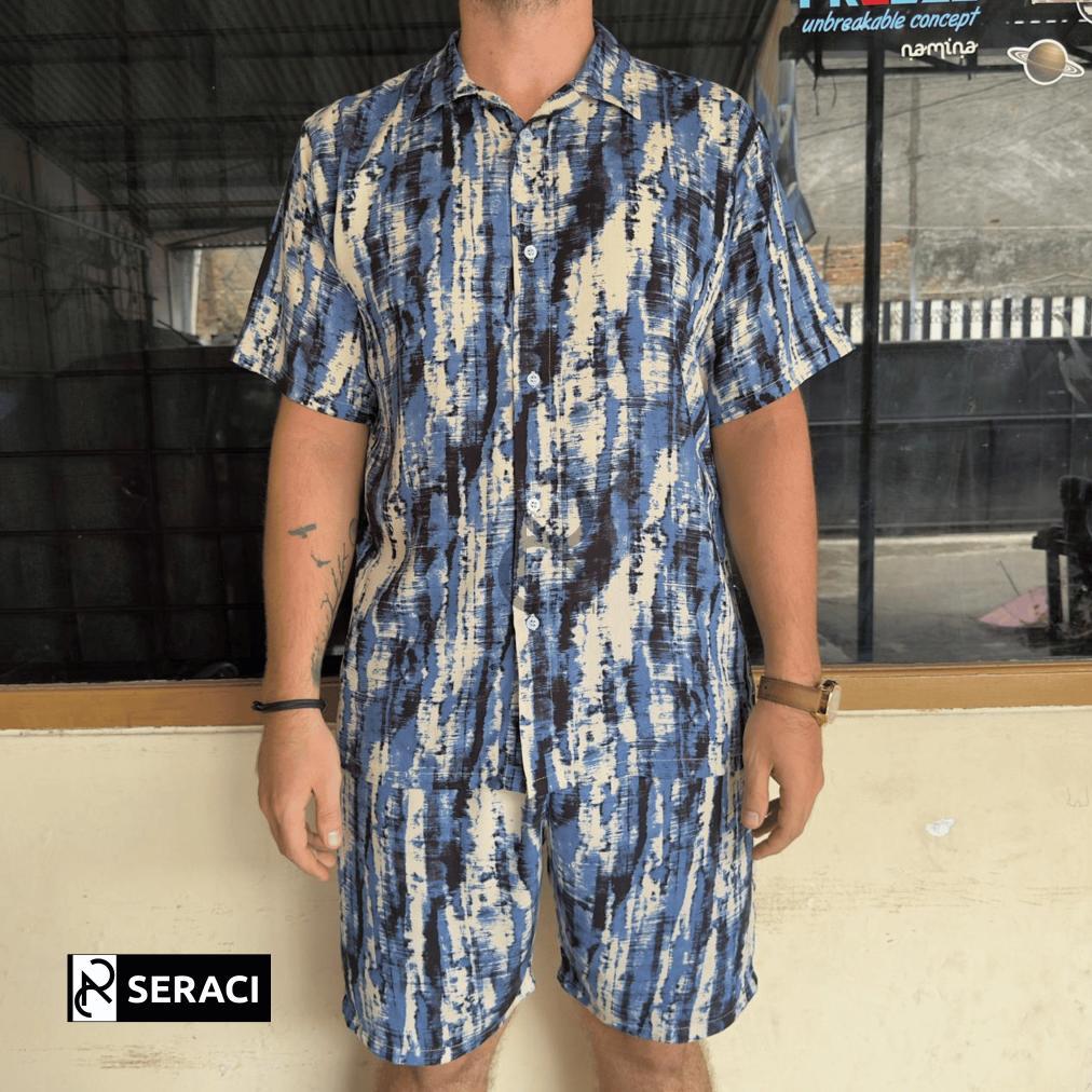 Sale Seraci - One Set Kemeja Pria Dan Wanita Setelan Celana Pendek Hawaii Daily Outfit Pantai Bahan 