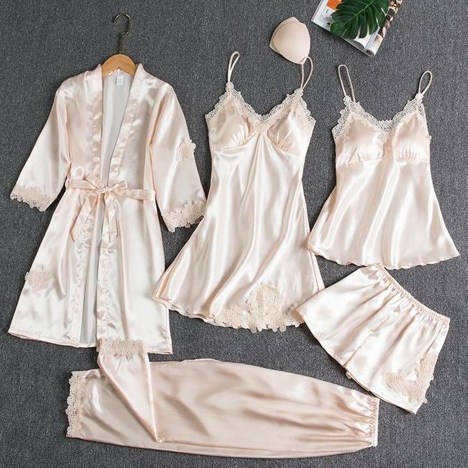 Unik Fs Baju Tidur Piyama Set Sexy Kimono 5 In 1/ Baju Tidur Satin Wanita / Piyama 2 In 1 / Piyama 3