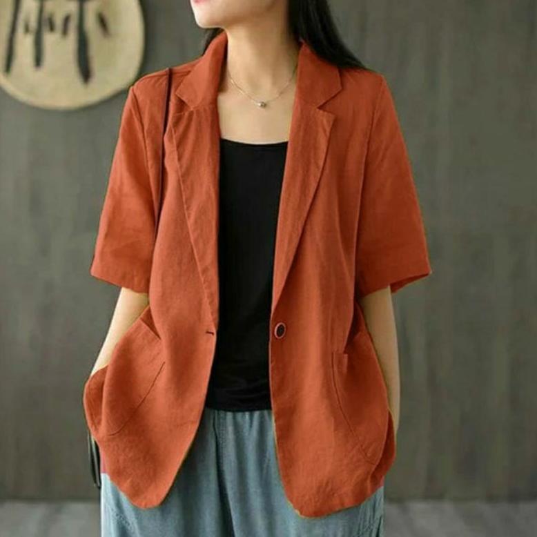 NEW DEALS Blazer Lengan Pendek Jumbo Wanita Linen Ld 100cm sampai 140cm | Lucinta Blazer | Blazer Ko