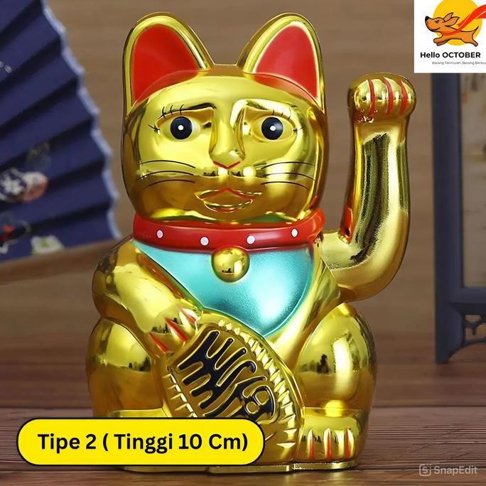 Promo Pajangan Kucing Hoki (Tenaga Baterai) Rejeki Keberuntungan Tinggi 10, 12, 13, 14 & 16 Cm Emas 