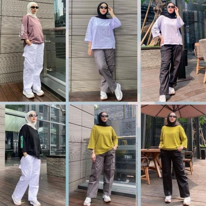 DF221 >> SETELAN KAOS OVERSIZE TANGAN 7/8 DM3 CLOTH Baju Wanita Dewasa Celana Kulot