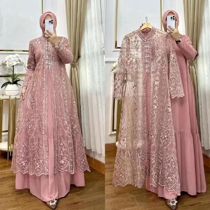 DF360 - Baju Gamis Model Sekarang Laksmi Dress Outer Brokat Ceruty Babydoll Aplikasi Payet Mutiara R