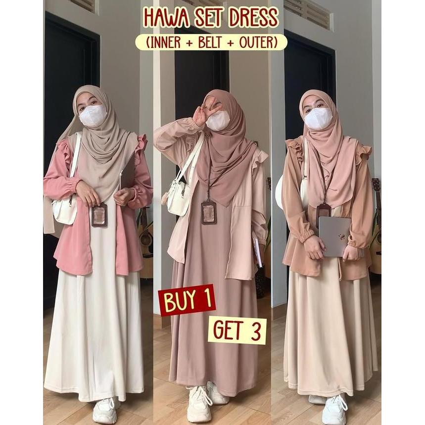 Terpopuler- Arunaoutfit - Hawa Outer / Set Dress Wanita Muslim Panjang Scuba Baju Inner Outer & Belt