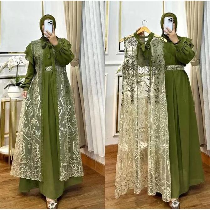 DV184 - Nashita Dress Outer Brukat Premium Gamis Pesta Brokat Tille Mix Ceruty Full Puring Resleting