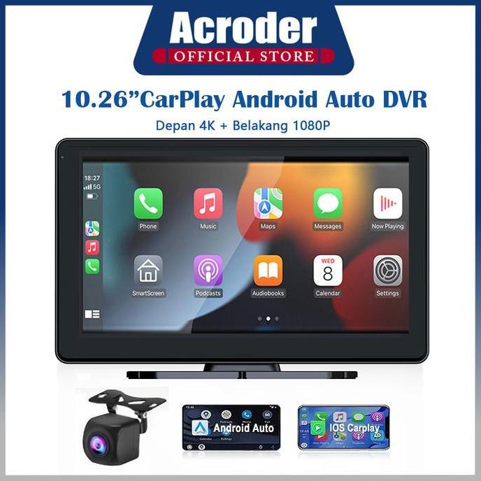 Acroder  Dashcam Mobil 10 inch Carplay Android Auto DVR Layar Sentuh Dual Lens Loop Recording