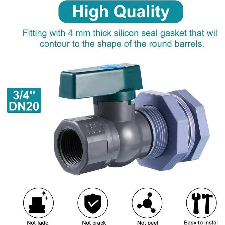 Keran Drum Air Hujan PVC 3/4 Inci Katup Bola Gagang Hijau + Sekat & Fitting Tangki