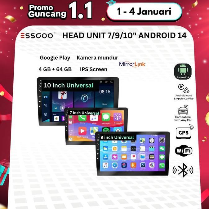 ESSGOO Head Unit Android 14 mobil 4G+64G  7/9/10 Inch 2 Din Kontrol Suhu Cerdas IPS Layer Mobil Navi
