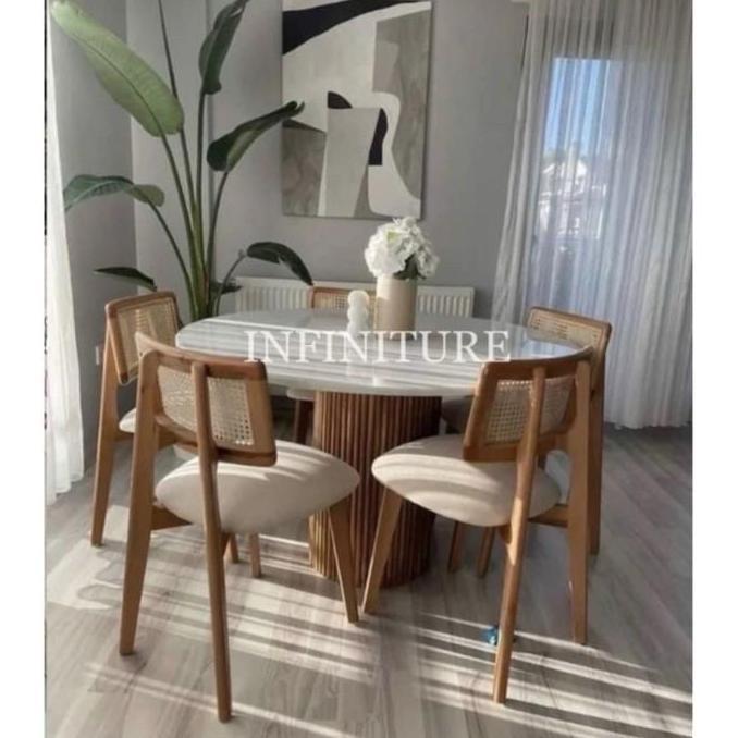 Terlaris Meja Makan Kayu Jati Minimalis Modern Top Marmer - Meja Makan Bulat Salur Jati Asli