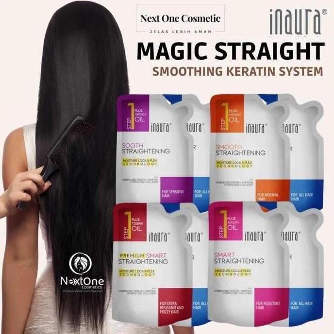Berkilau- 1Set/1Pasang Inaura Pelurus Rambut Magic Straight Smoothing Keratin Sistem ( Saset 130 Ml)