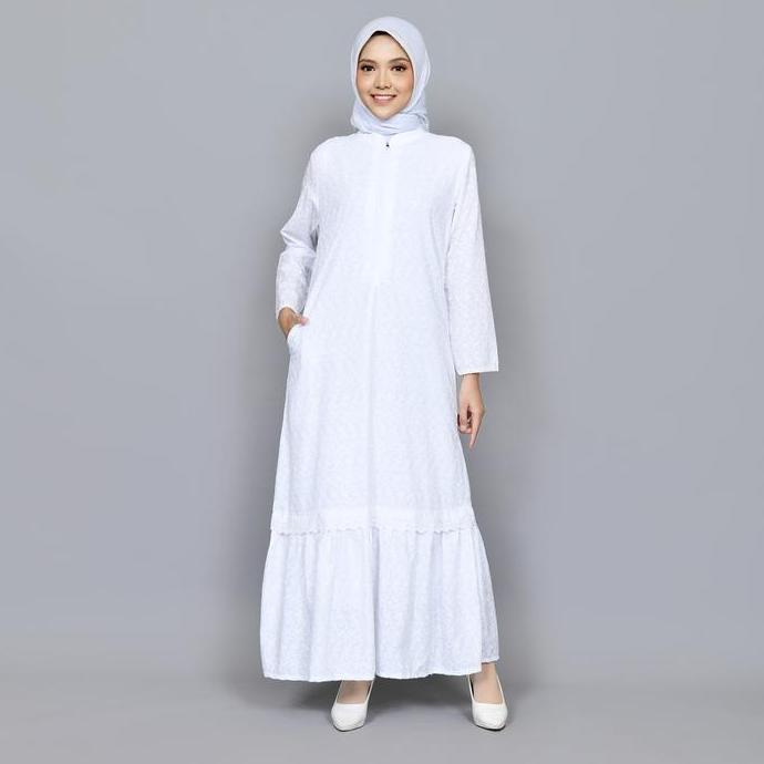 Hokywoi- Raisma - Nihan Gamis Putih Katun Bordir Umroh Haji Model Rempel Ayassh Jepang Jilbab Motif 