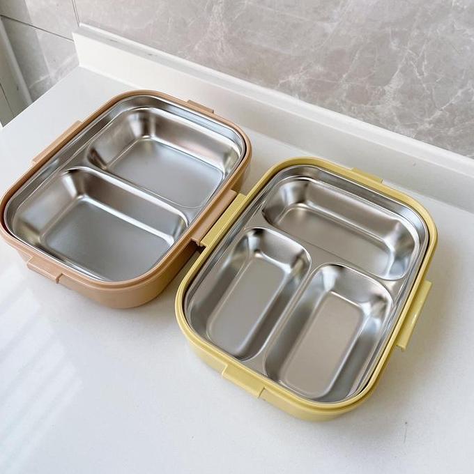 Lunch Box Steinless Steel Happy 3 sekat SUS 304 Gratis Sendok / Kotak Bekal Anak Stainless 2 Sekat H