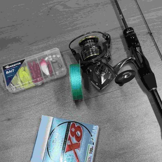 SEAHUNTER Joran Pancing 1 Set : Spinning Joran+Reel+PE X8 150M Senar + Lure set box 26pcs murah Comb