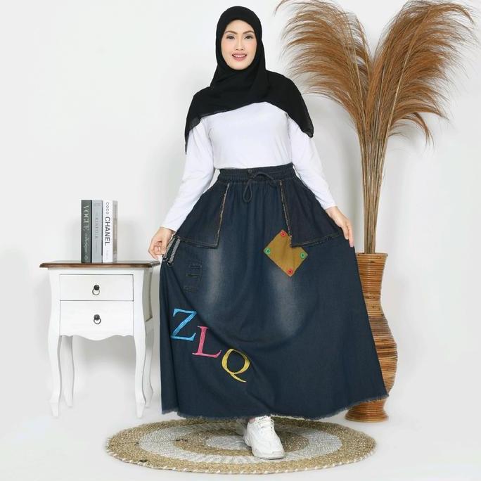 Rok Jeans Jumbo Panjang Bordir Wanita Muslimah Hitam Karet Muslim Maxi