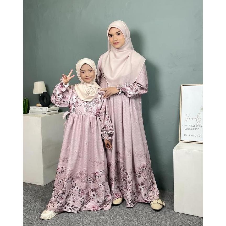 Baju Gamis Muslim Lebaran Couple Ibu dan Anak Usia 2-12 Tahun Motif Bunga Elegan Desain Mewah untuk 
