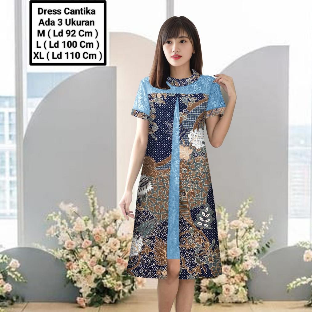 BEST DEALS Dress Wanita Midi Model Terbaru Matt Batik Kombinasi Brokat Mutiara/Dress Cantika Batik S