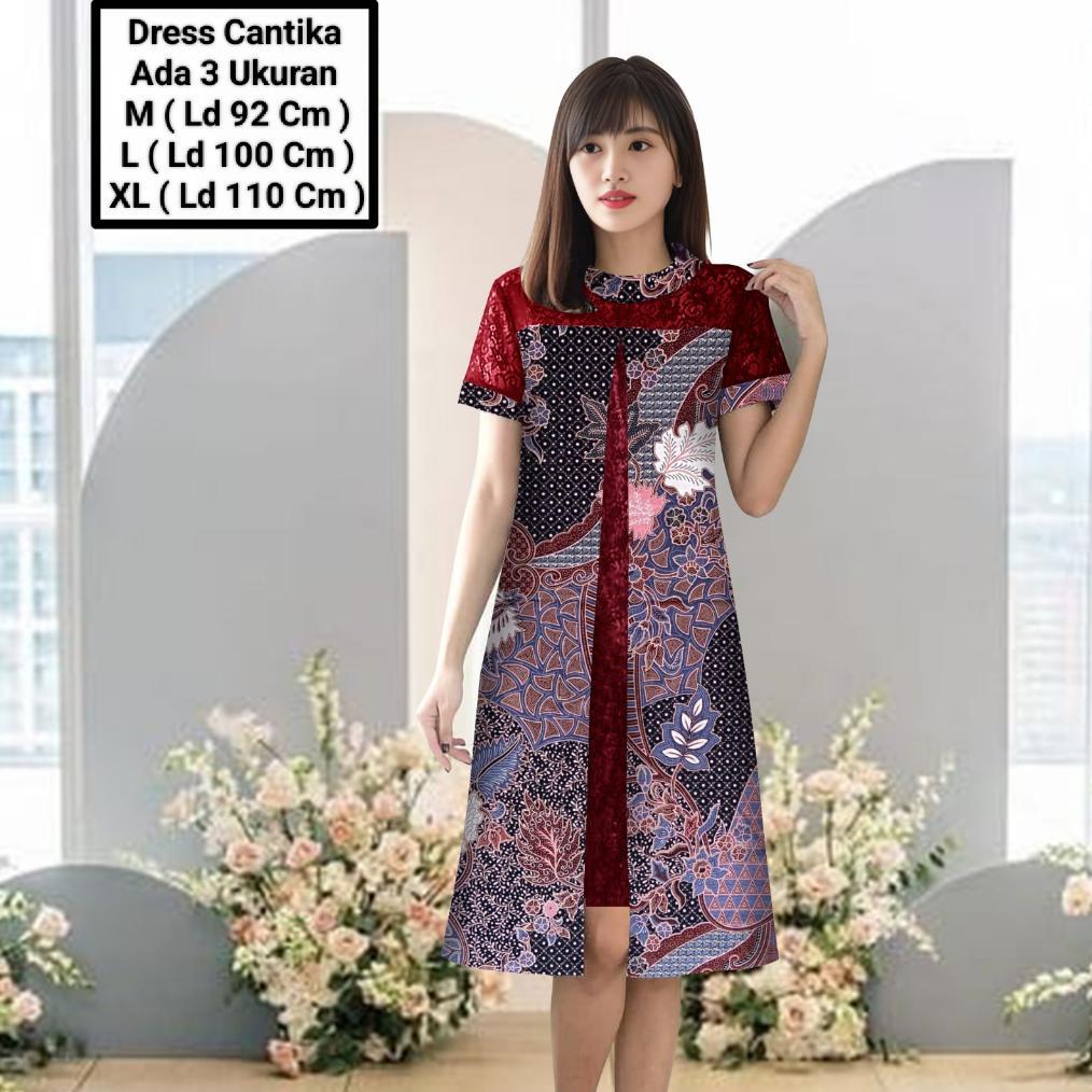 HOT DEALS Dress Wanita Midi Model Terbaru Matt Batik Kombinasi Brokat Mutiara/Dress Cantika Batik Si