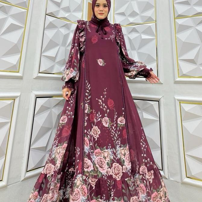 NINS Sahara Gamis Set Hijab Segi Empat Ceruty Motif Muslim Wanita Syari Dewasa Dress Pesta Lebaran R