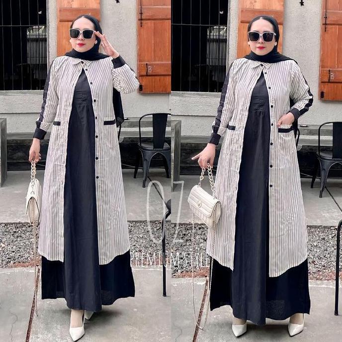 Indah fashion - Set Outer Fauzana Salur Maxi Dress Wanita Kekinian Set Outer Katun Premium Gamis Kon