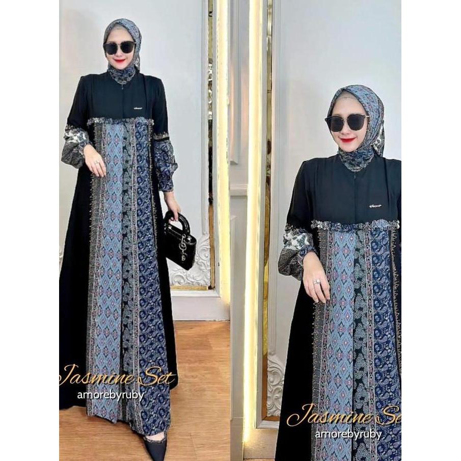 JASMINE SET DRESS AMORE BY RUBY GAMIS CREPE MIX CERUTI MOTIF TRIBAL BUSUI FRIENDLY ALL SIZE TERLARIS