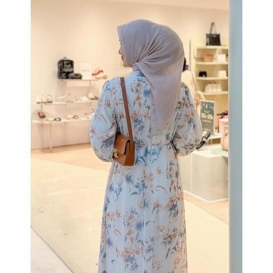 Long Dress Muslim Wanita Floral Dress Putih Kekinian-1025 Ceruty Panjang Gamis Motif Maxi Casual Bah