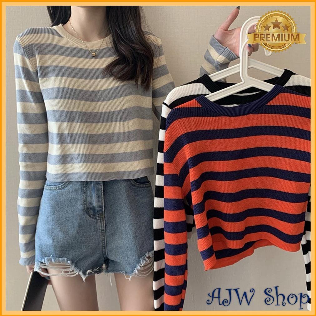 AJW Atasan Crop Rajut Lengan Panjang Import Premium Salur Garis Garis RK | Crop Top Lengan Panjang R