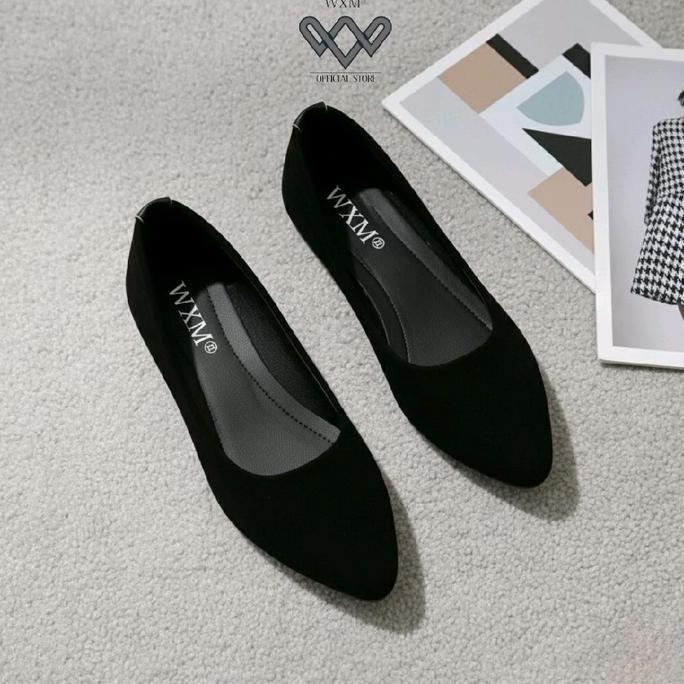 Berkualitas Polos 01 Flat Shoes Suede Balet Polos Sepatu Wanita Kerja Karet Hitam