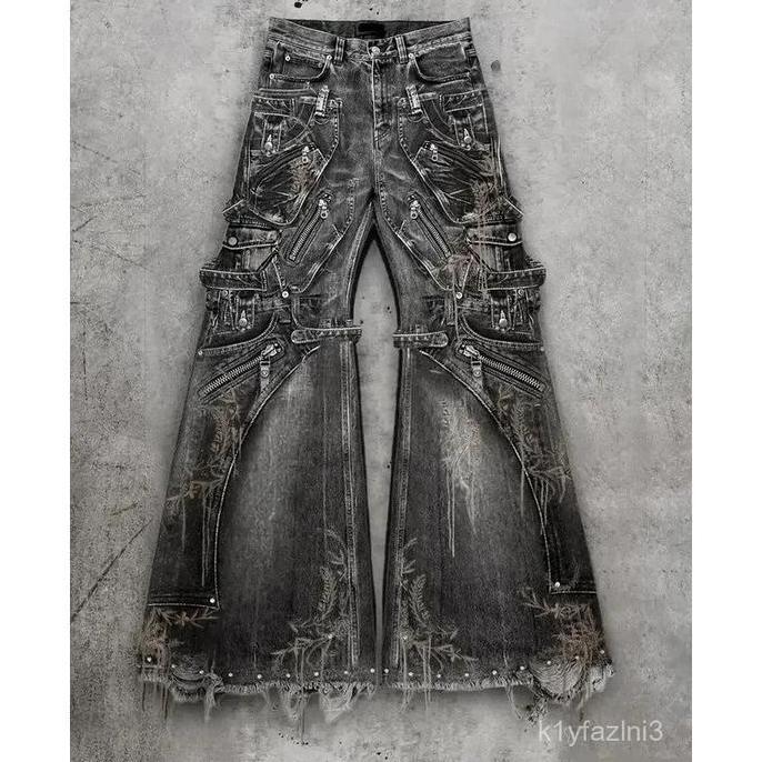 Unik Ripped Baggy Jeans Oversized Pocket Zipper Washed Black High Waisted Y2K Jeans Men And Women Go