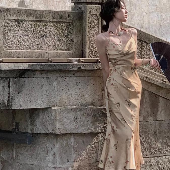 Mbgx- 5805Midi Dress Vintage Korea Terbaru 2024 Chiffon Floral Dress Tanpa Lengan Big Size Cantik Ga