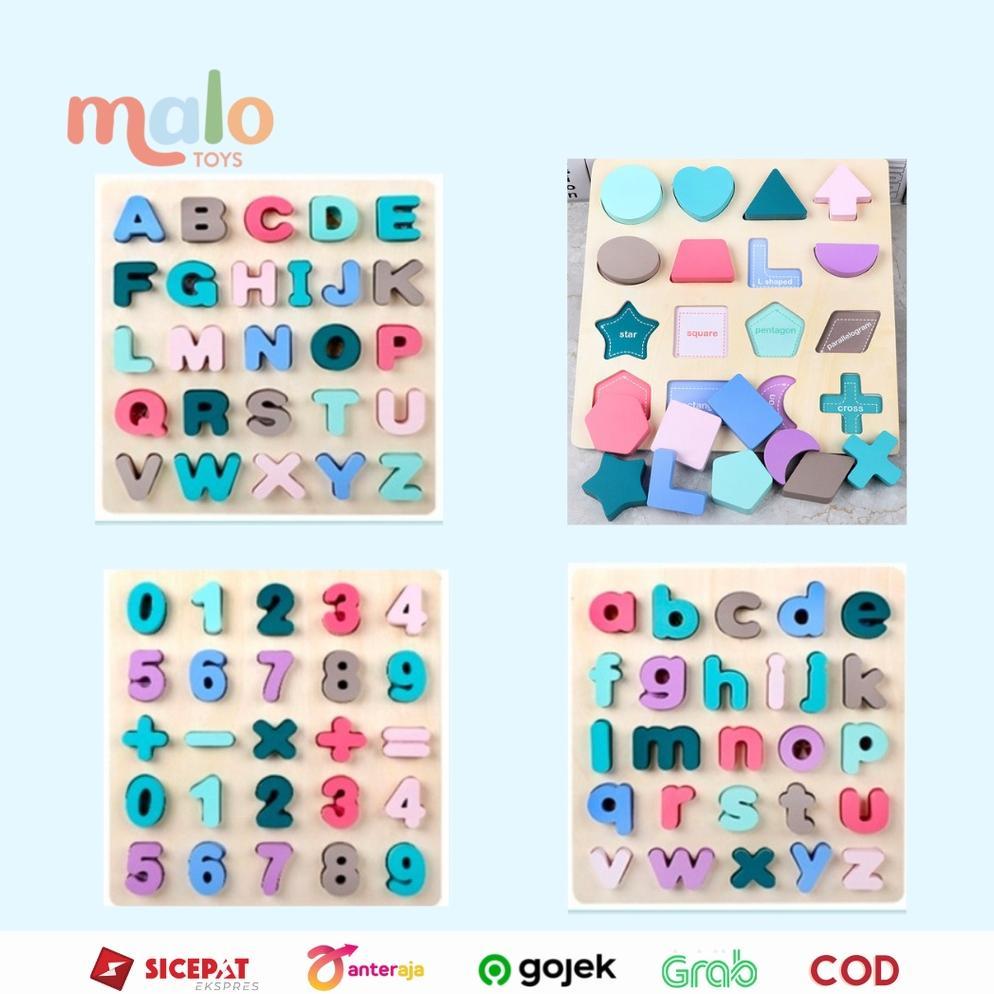 LARISS MALOTOYS - OHYE Chunky Puzzle Kayu Alphabet Macaron Capital Letters Lower Number Shapes 3D Ma