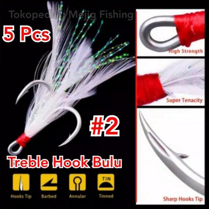 Treble Hook Bulu No.2 untuk Spoon lure 30gr 40gr Jig 40gr 60gr