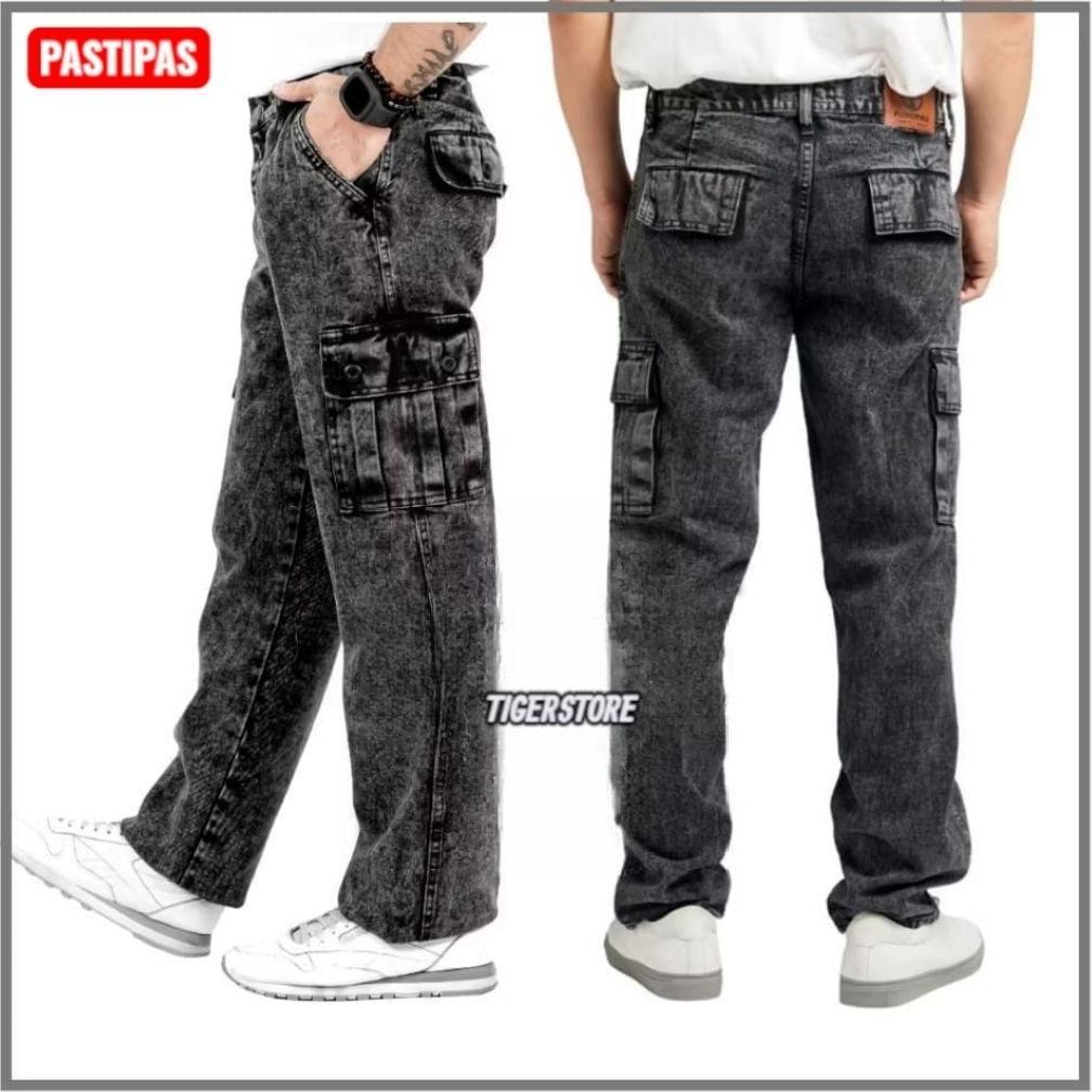 ORIGINAL LONG CARGO PANTS JEANS PRIA LOOSE FIT  NSTRECH REGULAR CARGO JEANS DENIM BLACK SANDWASH POP