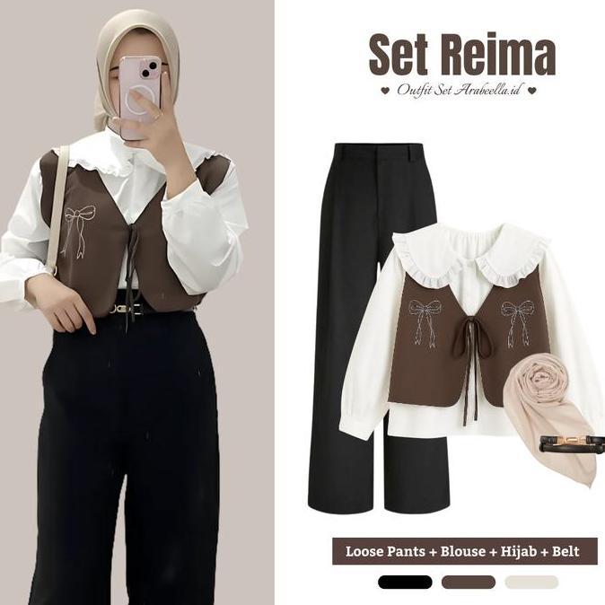 Setelan Wanita Reima ( Celana Kulot + Baju Devia Blouse + Hijab Square + Ikat Pinggang ) One Set Kek
