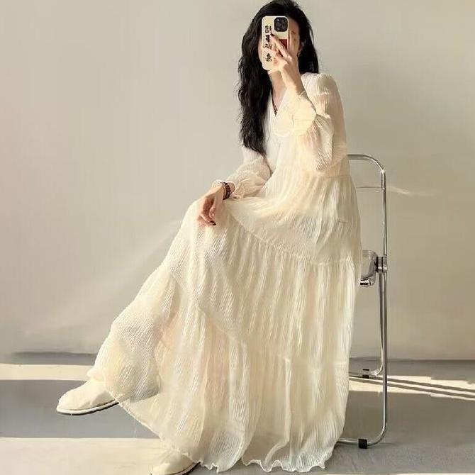 Gaun Wanita Cream Sifon Lengan Panjang Warna Putih Casual Long Dress Home Dress Busui M505 TM