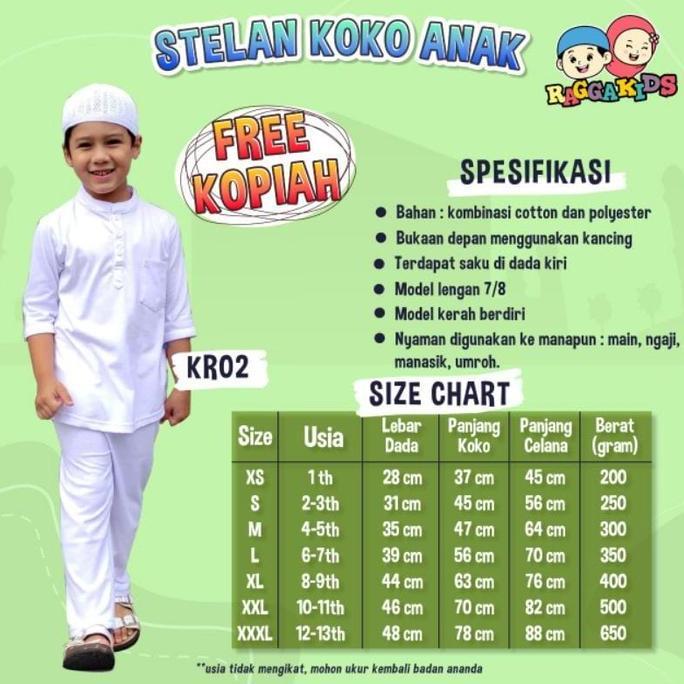 Koko anak Putih Setelan Celana Raggakids KR02 free Peci - setelan koko anak putih manasik haji - Ser