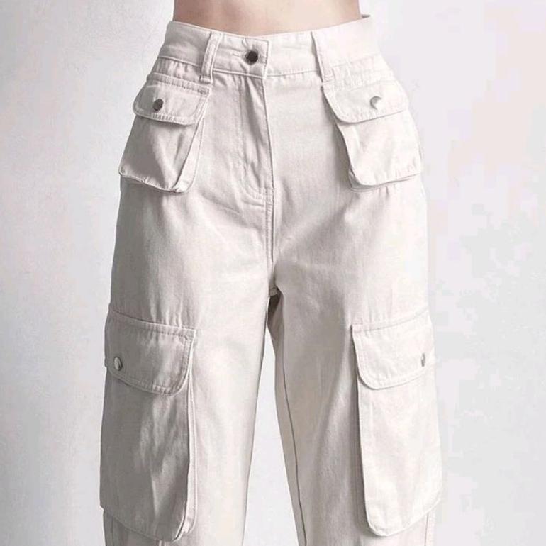 original celana cargo krem highwaist wanita-celana cargo denim pasir putih new-celana cargo wanita