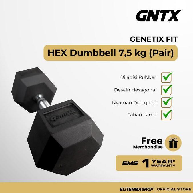 TERBARU - GENETIX FIT HEX Dumbbell 7.5KG (Pair) Angkat Beban Dumbell Fitness, Hexagonal Dumbbell Set