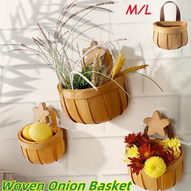 Woven Onion Basket/ Keranjang Bawang Gantung Kantong Jaring Wadah Sayur/ Nampan Rotan Bulat Keranjan