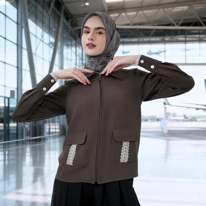 Outer Mandjha Ivan Gunawan - Xaviera Dark Brown - Tunik Atasan Wanita Muslim Kemeja Jaket