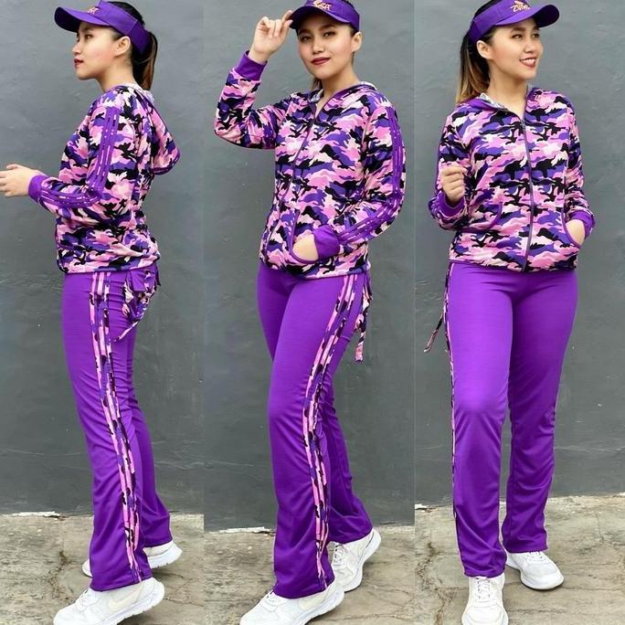 Baju Senam Aerobic Setelan Zumba Olahraga Panjang Muslim Hijab Gym Cycling Training Army Ungu Seraga