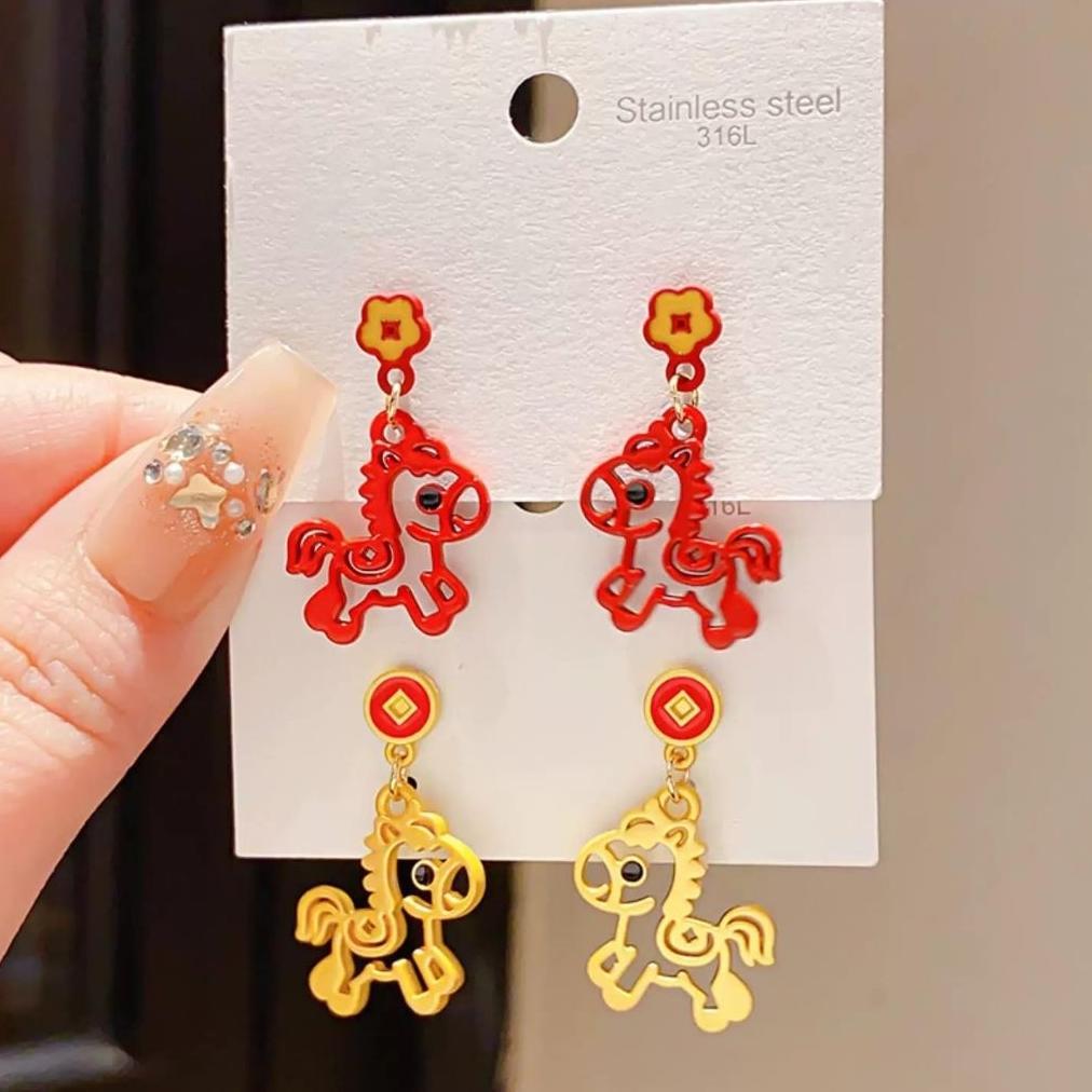 Diskon Imlek [NEW] Anting Imlek CNY 2026 Kuda Anting Wanita Gold Merah Sincia
